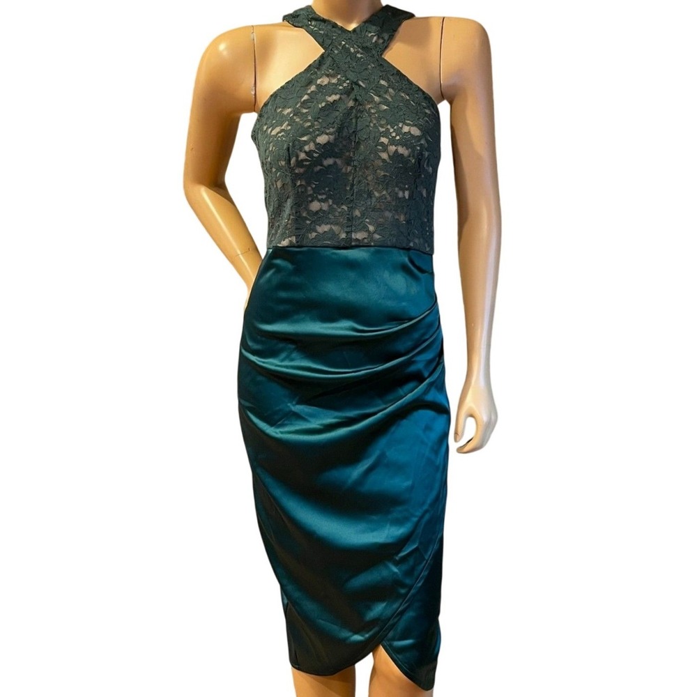 Grace Karin Green Lace Halter Satin Tulip Skirt Midi Dress 8 Crisscross Ruched